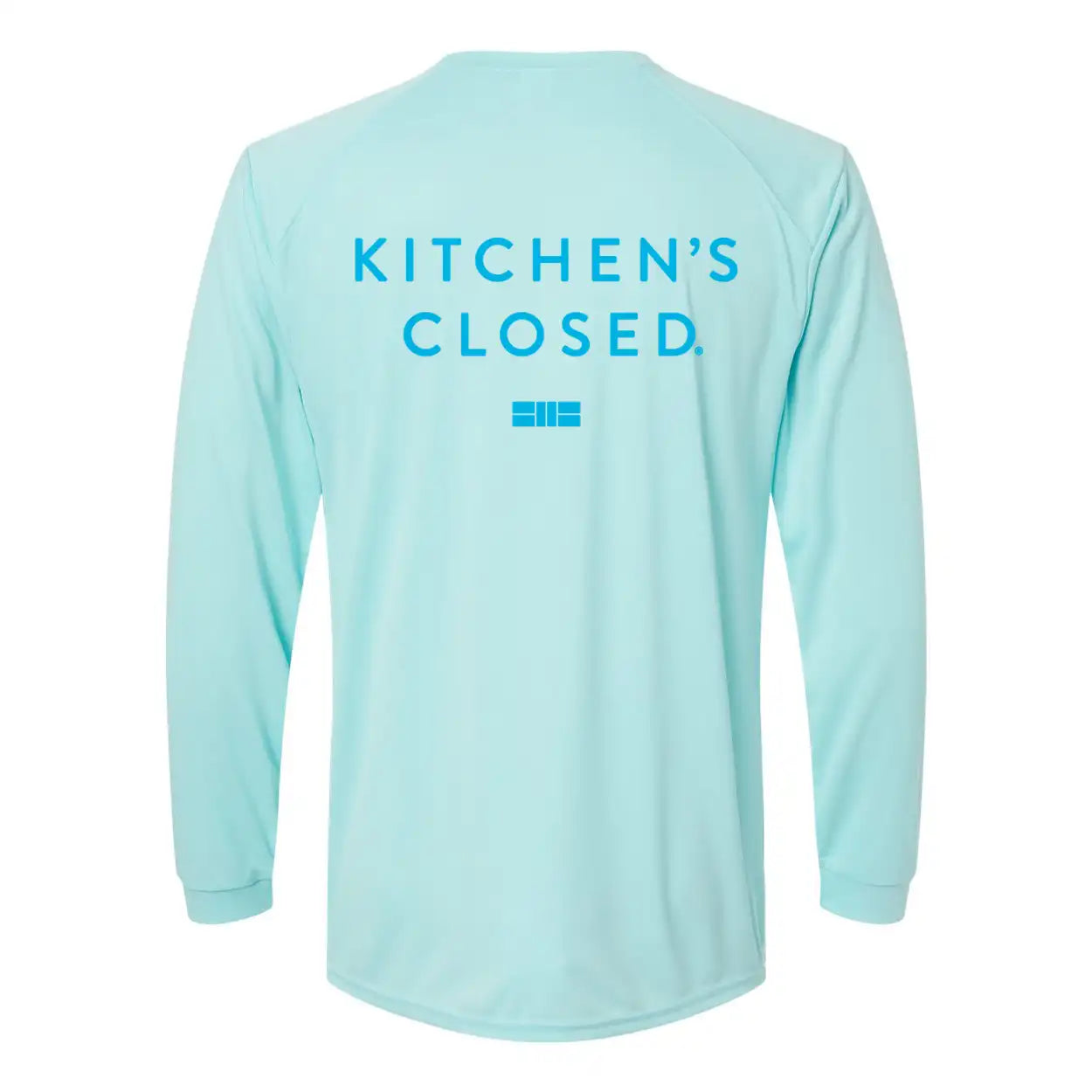 Light blue long-sleeve shirt with 'KITCHEN'S CLOSED' text on the back against a white background
