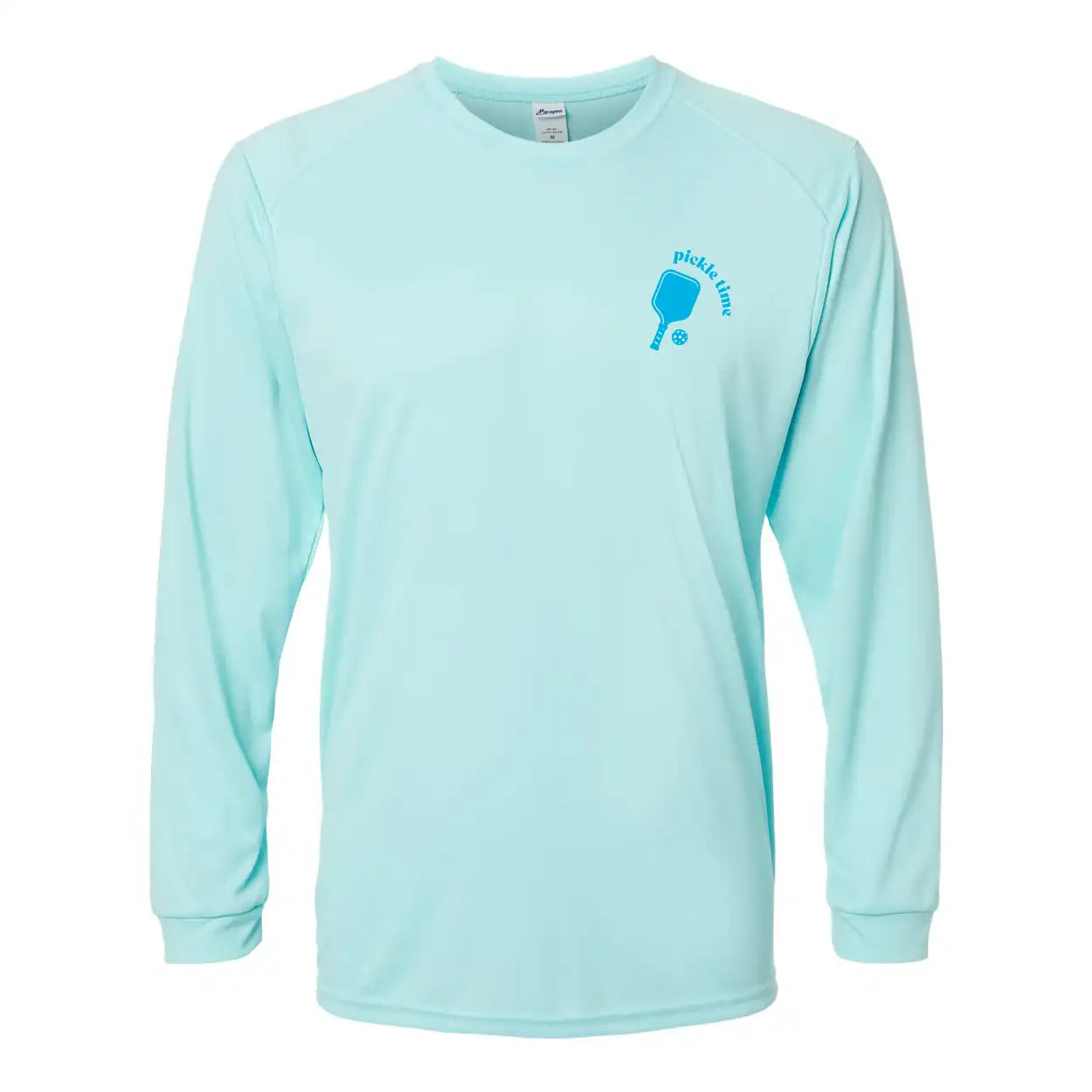 Light blue long-sleeve shirt with a paddle and ball graphic on a white background