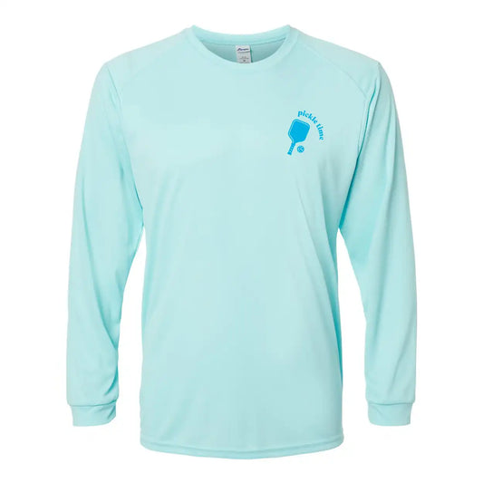 Light blue long-sleeve shirt with a paddle and ball graphic on a white background