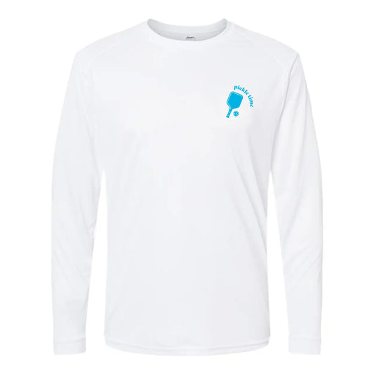 White long-sleeve shirt with a blue logo on a white background