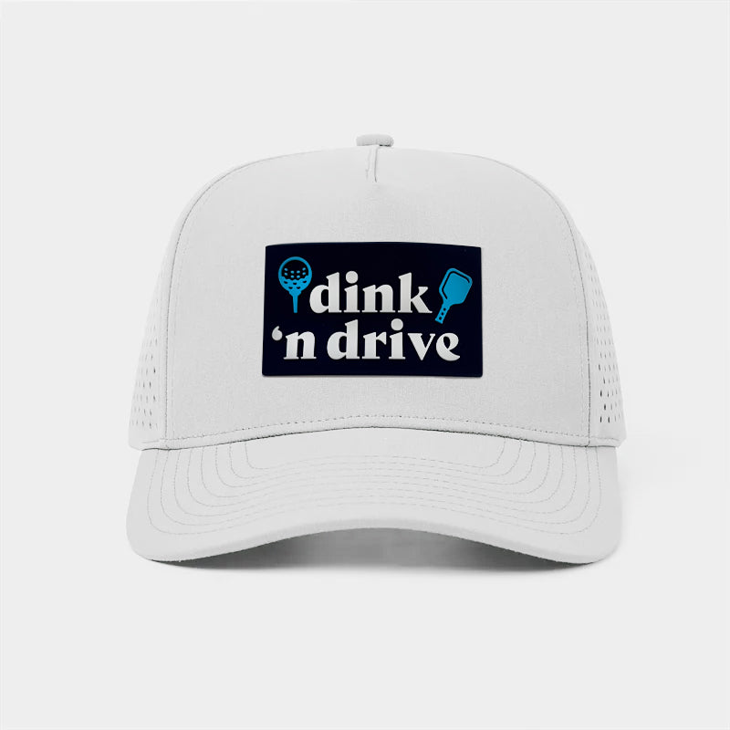 white performance golf hat with dink and drive for pickleball and golf lovers on front