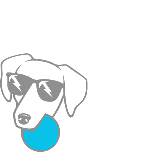 Swinton pickleball dog logo with thought bubble showing a pickle.