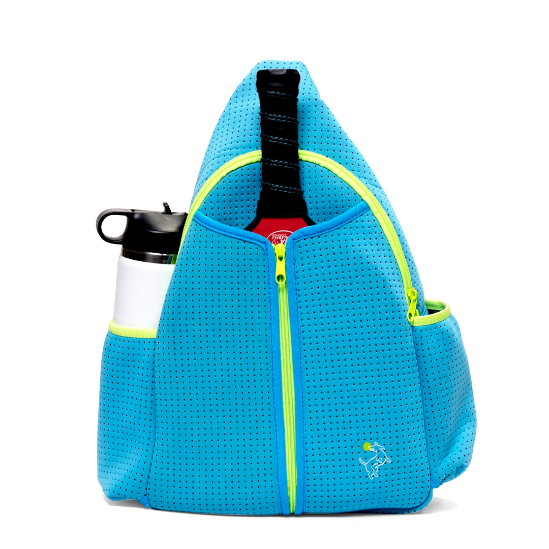 light blue pickleball sling bag carrier for pickleball paddles