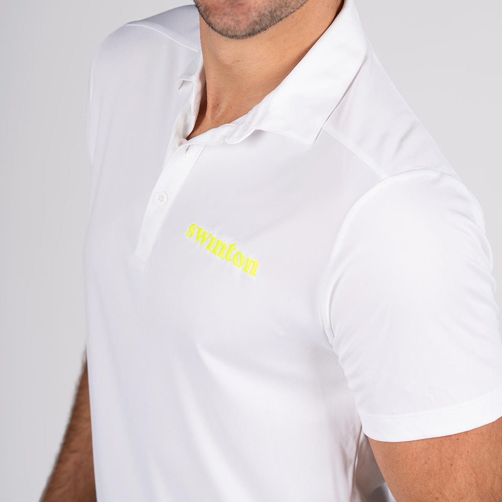 detail of the swinton pickleball logo on the white performance polo