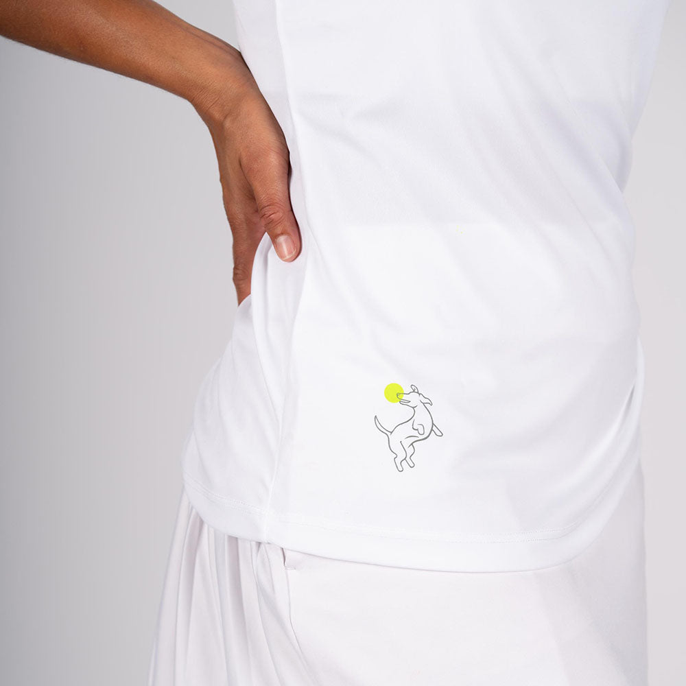 detail of the white swinton pickleball tank top with the swinton pickleball icon