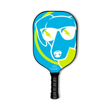 Swinton pickleball paddle with logo dog in sunglasses.