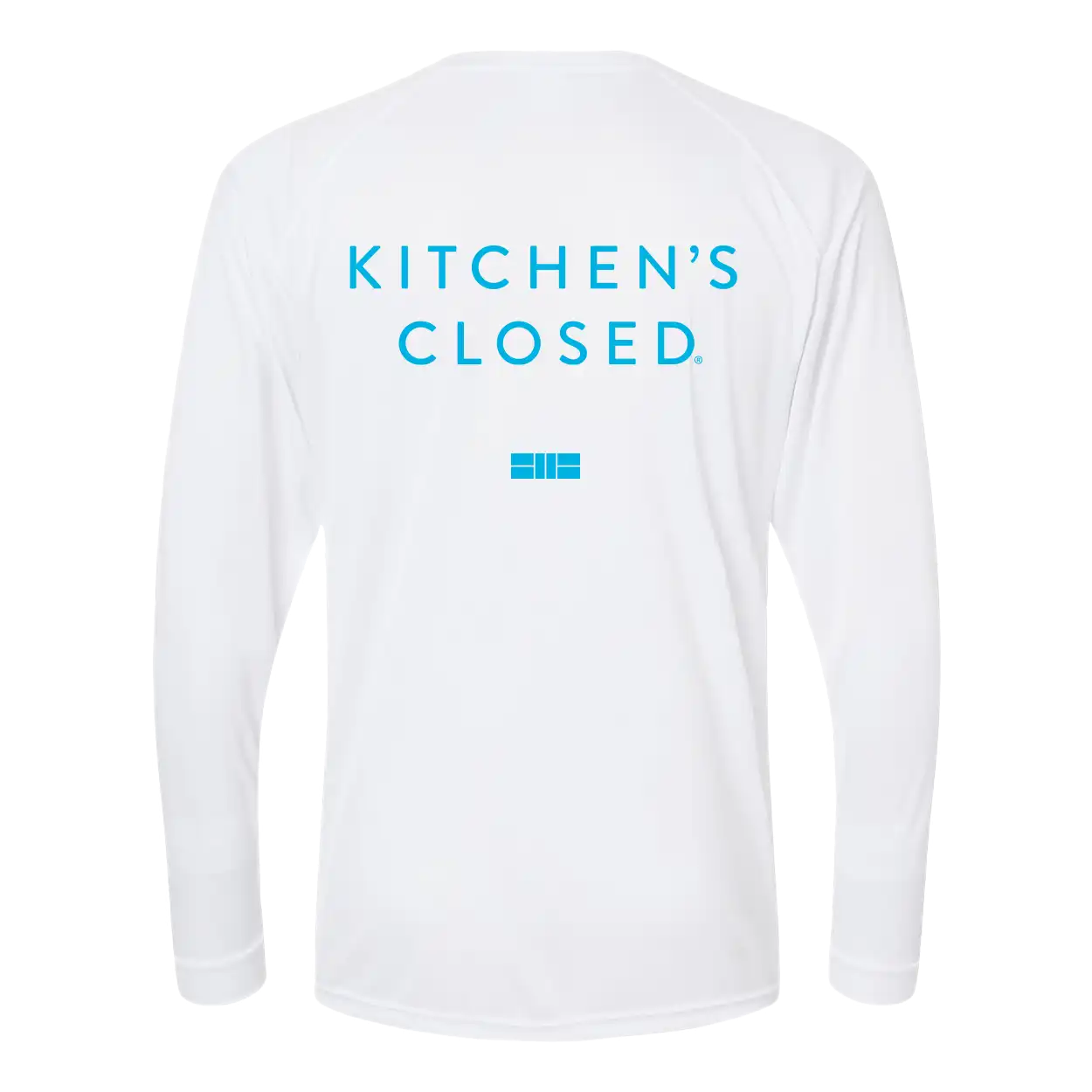 White long-sleeve shirt with 'KITCHEN'S CLOSED' text on the back against a white background
