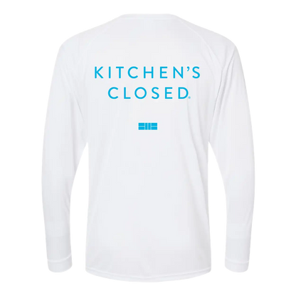 White long-sleeve shirt with 'KITCHEN'S CLOSED' text on the back against a white background