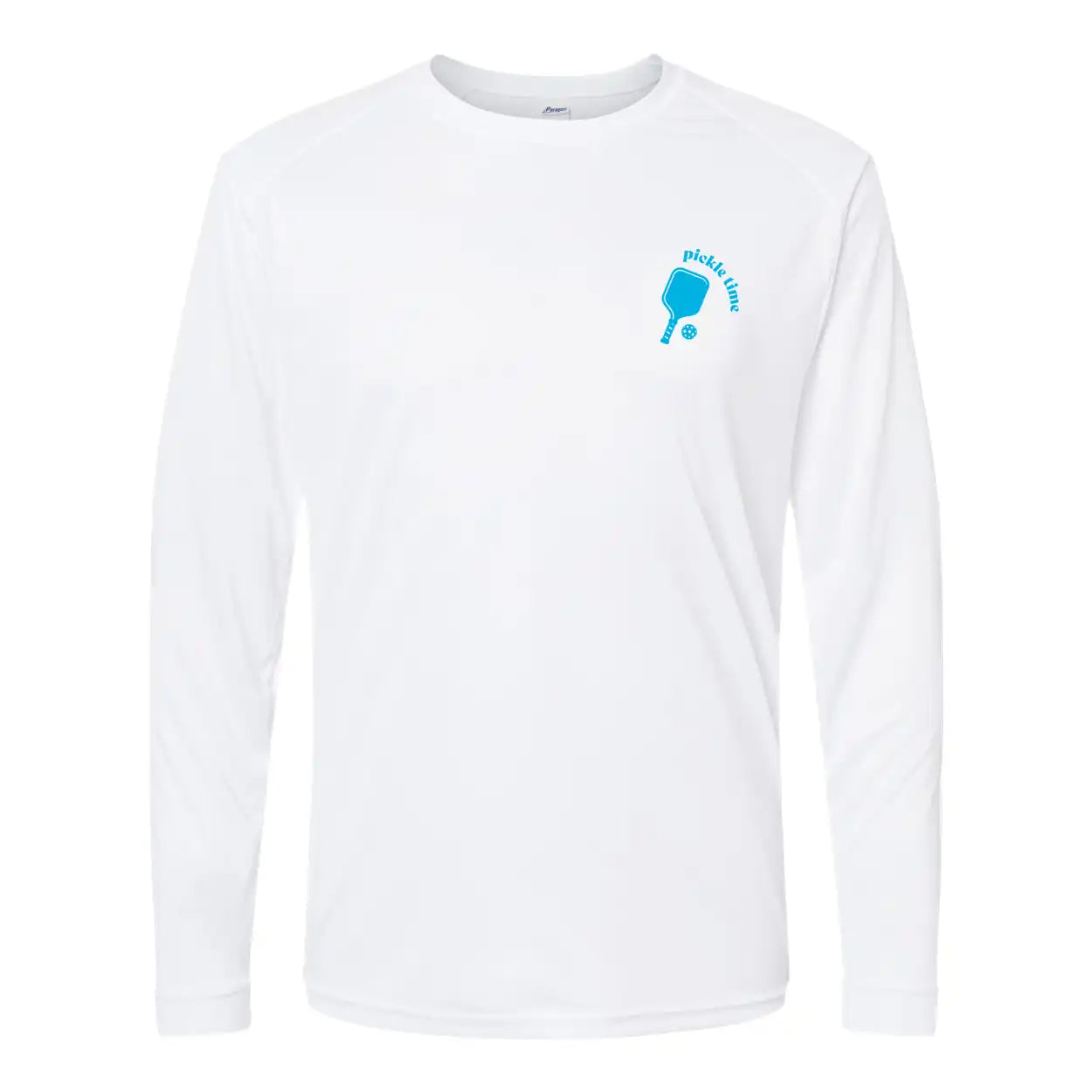 White long-sleeve shirt with a blue logo on a white background