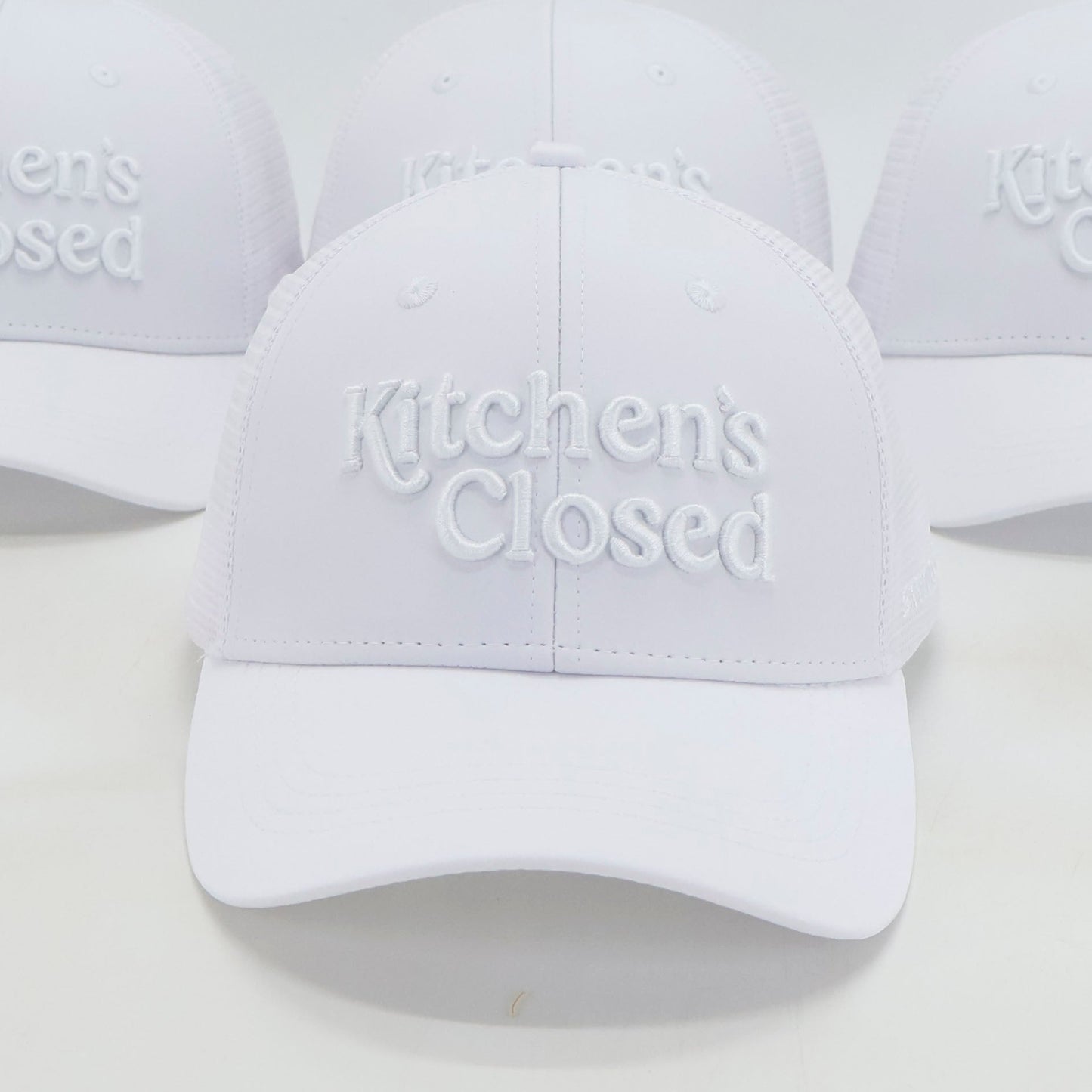 white on white 3d lettering kitchen's closed pickleball hats
