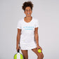 woman smiling holding swinton pickleball paddle and wearing white kitchens closed shirt