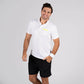 man in front of white background wearing a white swinton pickleball polo