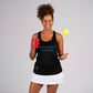 woman with drink and pickleball wearing swinton pickleball black tank